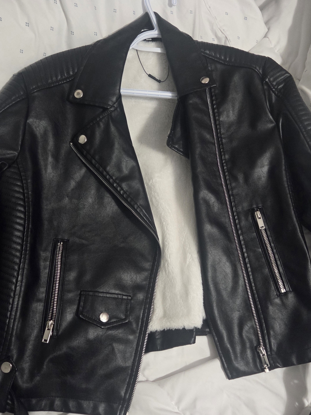Black Faux Leather Moto Jacket with Cream Faux Fur Lining